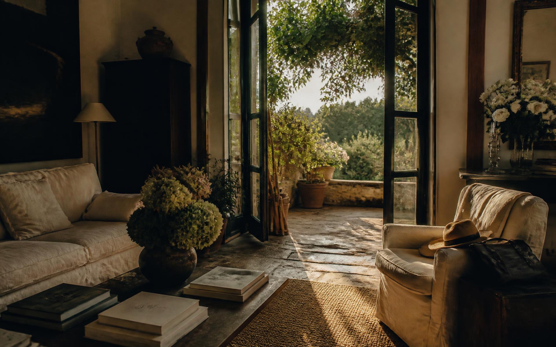 Doors open between a warm private interior and a garden terrace in late afternoon light