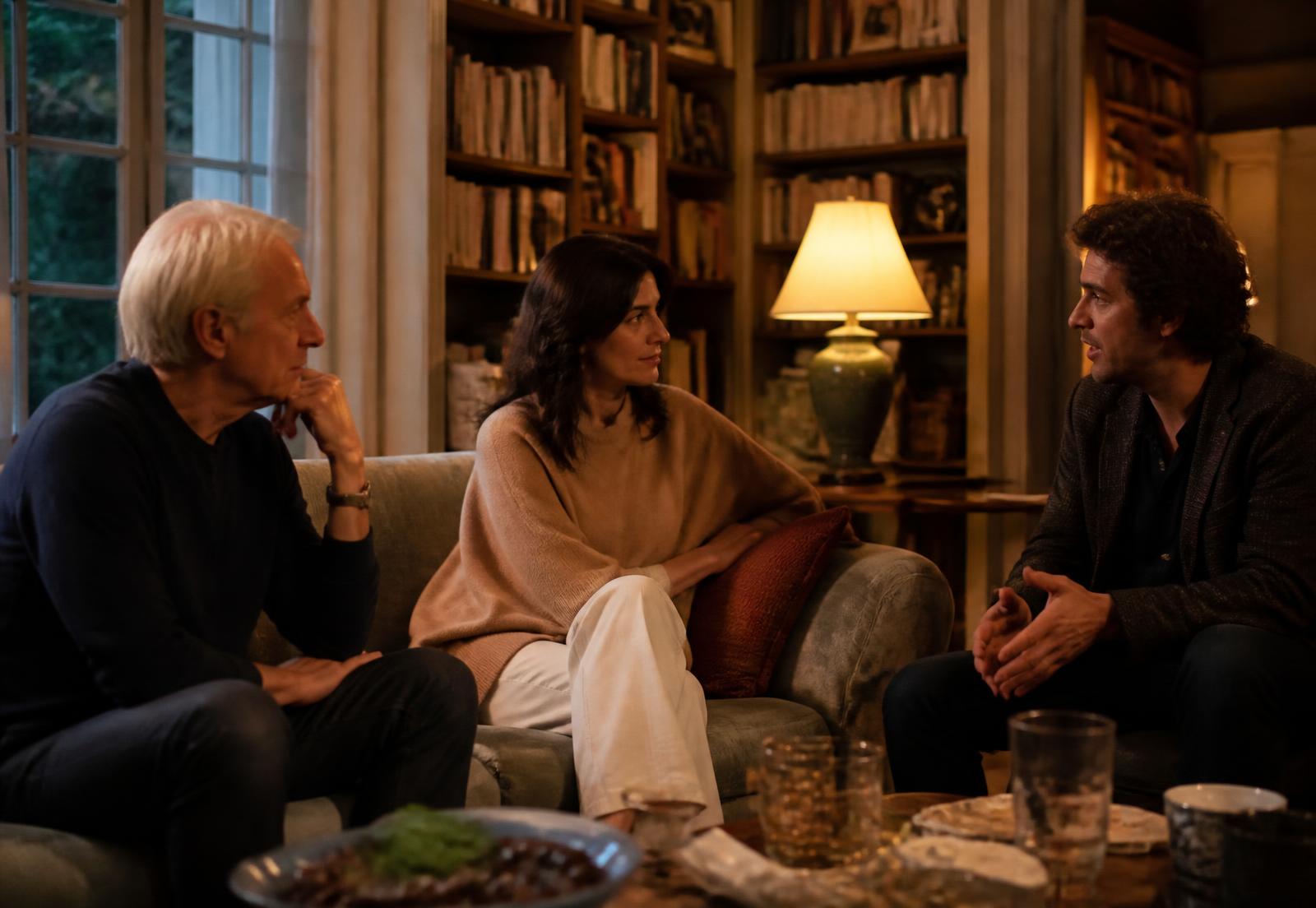 Three adults of different generations in conversation in a warm residential library