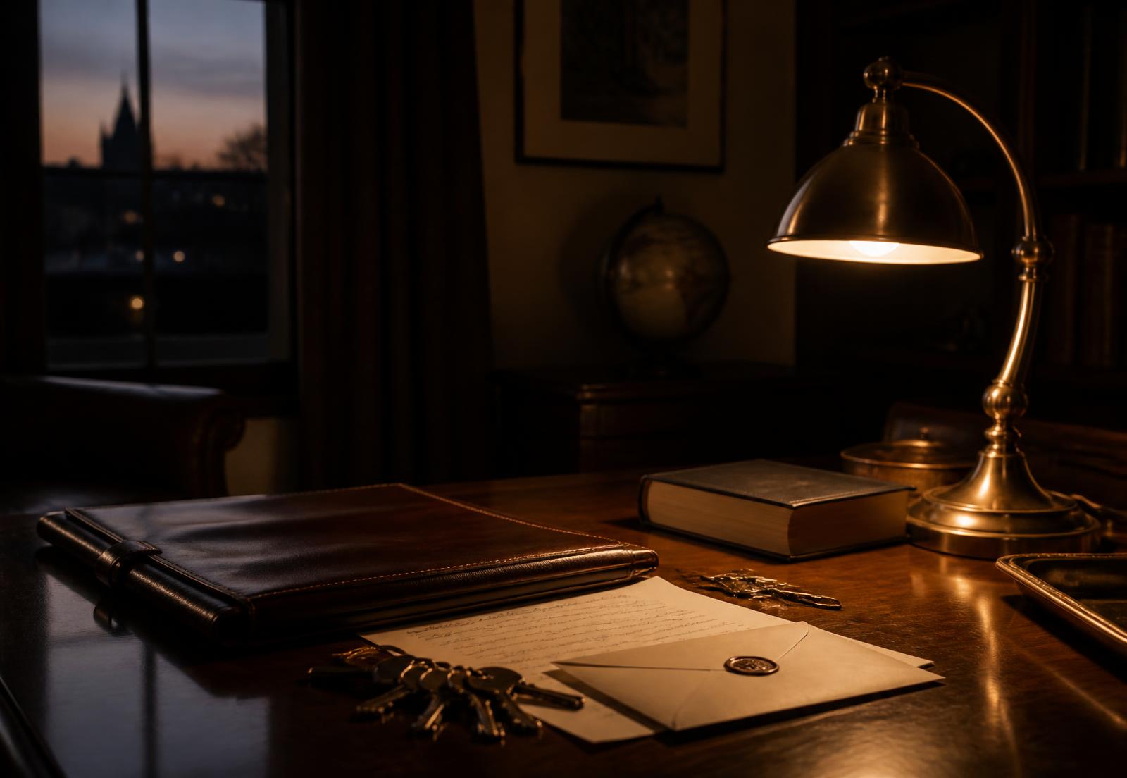 A leather folio, correspondence, keys and a brass lamp in a private study at dusk