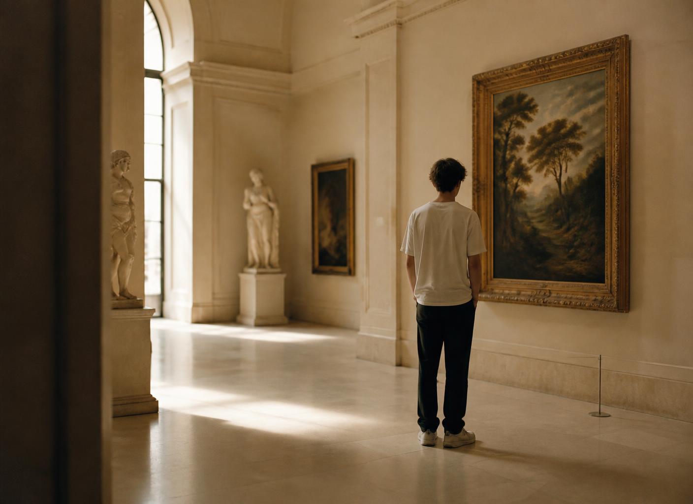 A young person exploring a sunlit gallery