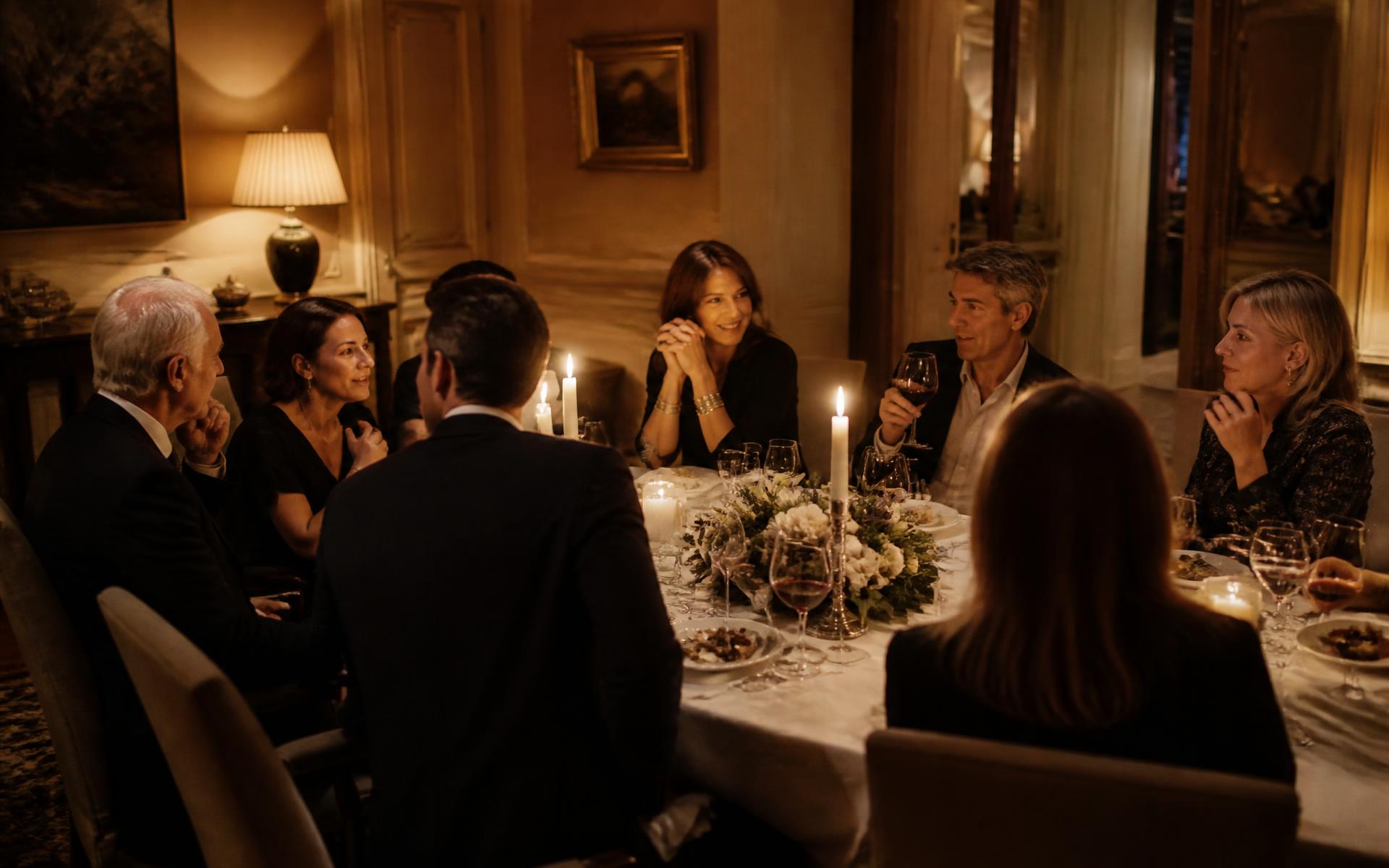 Adults of different ages in relaxed conversation around a candlelit supper table in a private drawing room