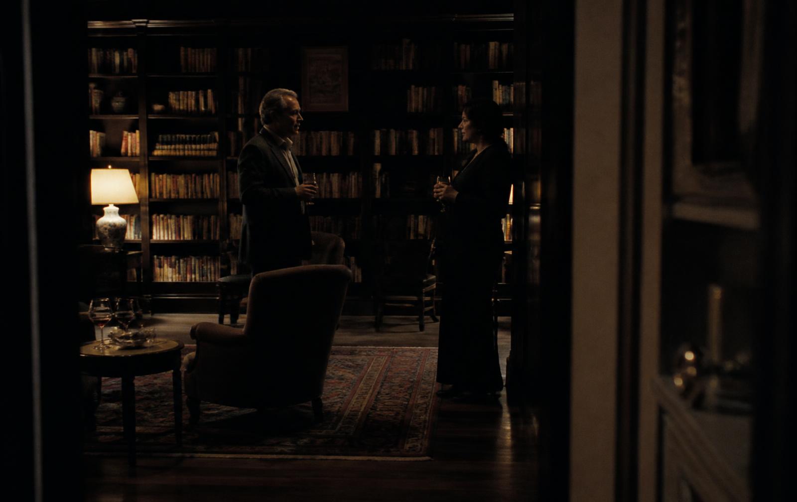 Two adults in quiet conversation in a residential library at dusk