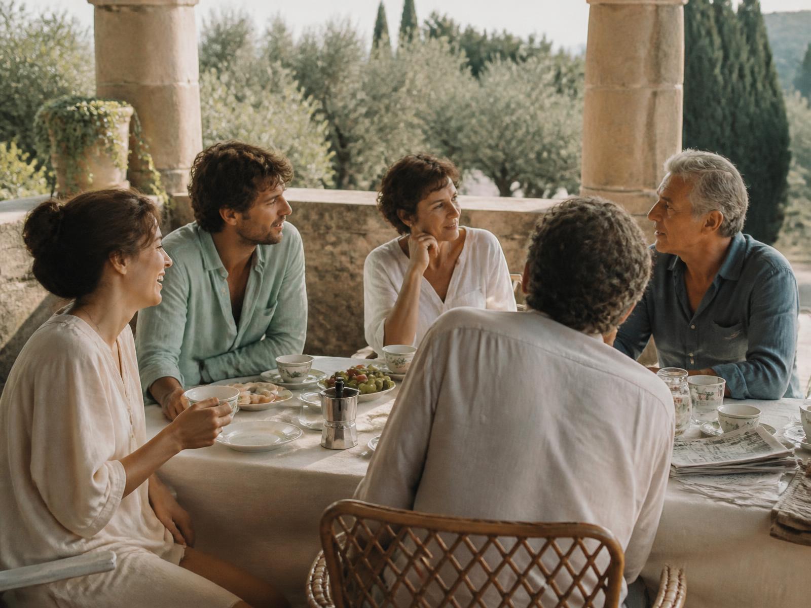 Adults of varied ages talking over a late breakfast on the stone terrace of a Mediterranean residence