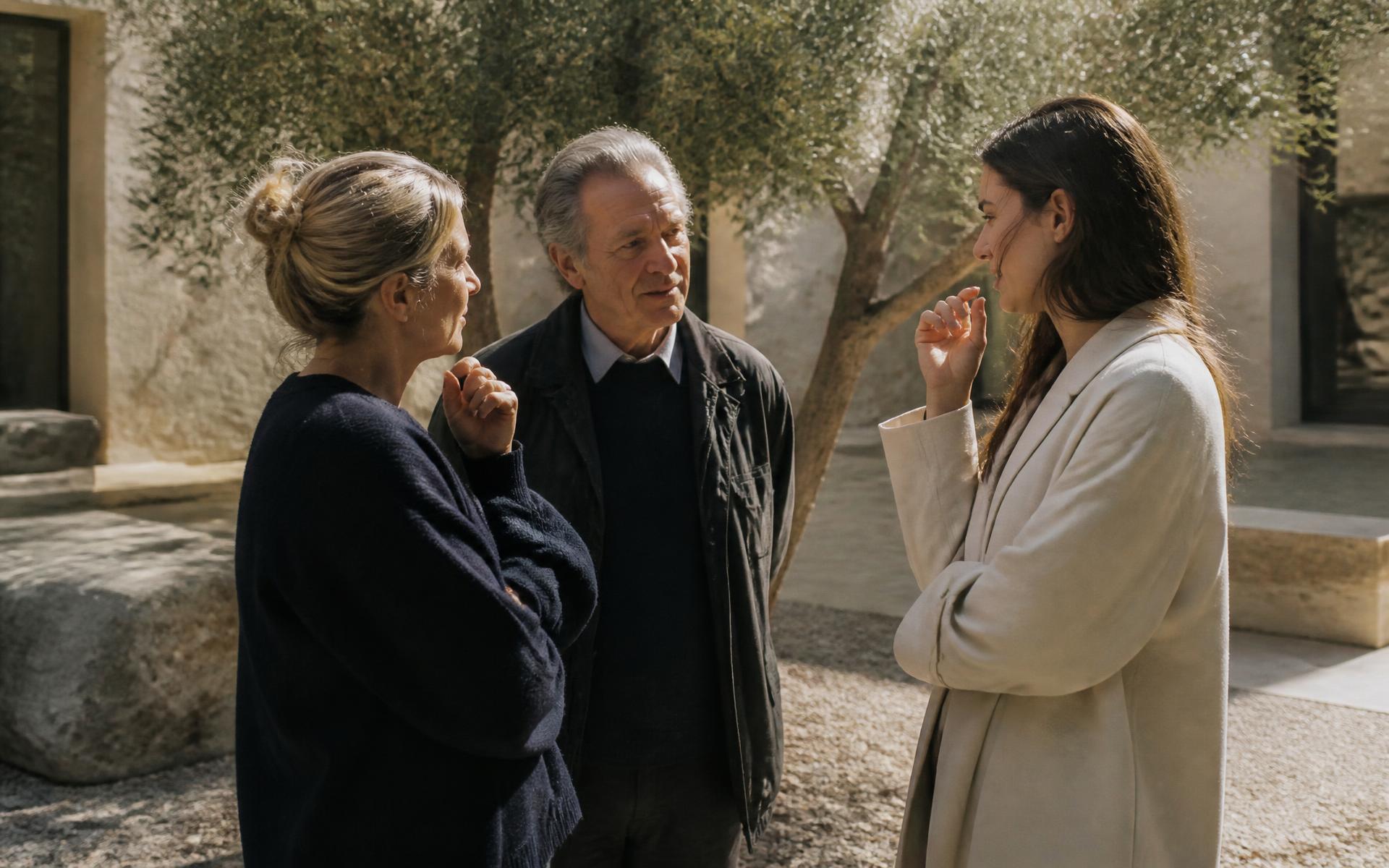 Three adults in unhurried conversation in a sunlit foundation courtyard