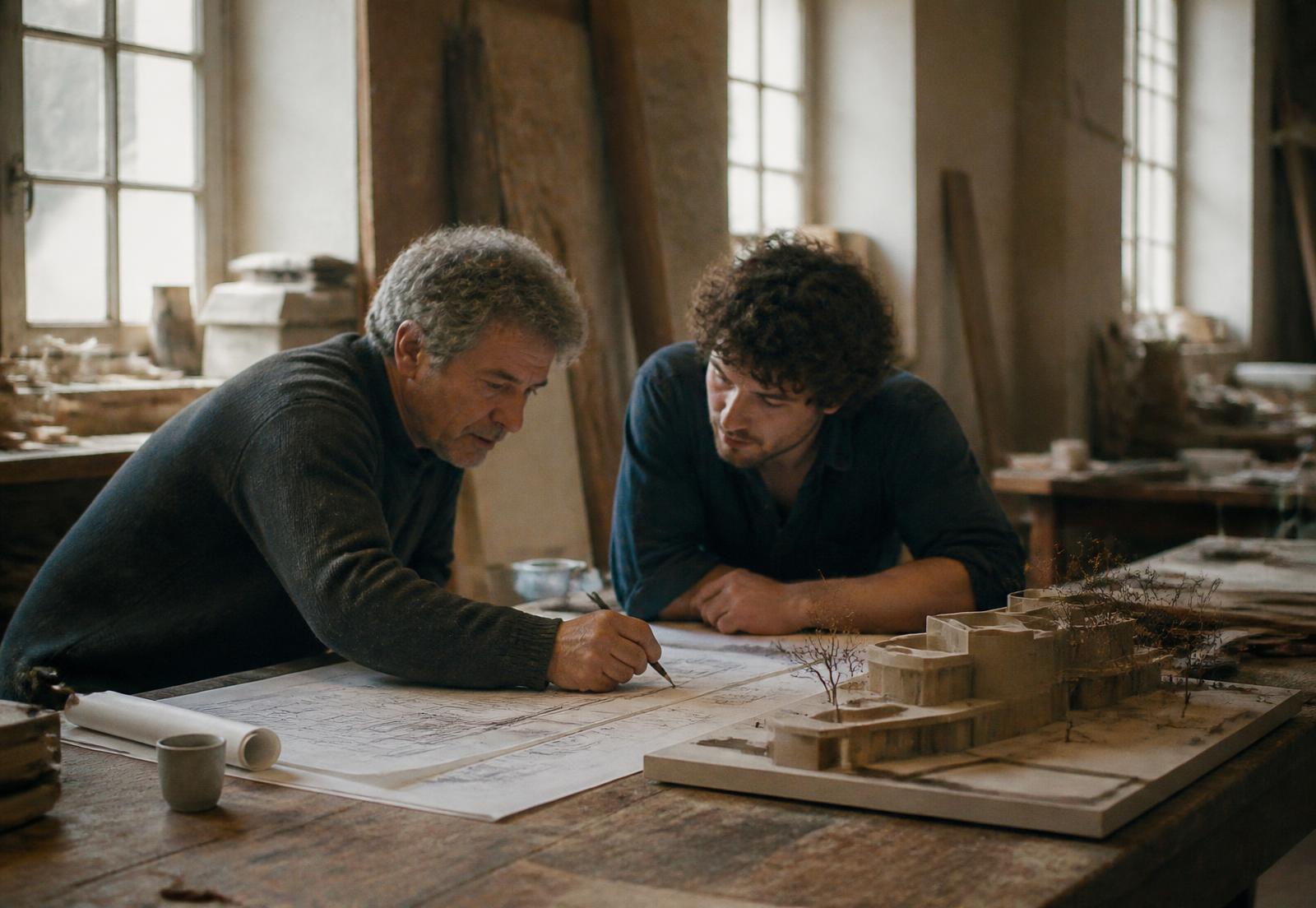 Two adults studying drawings and a model together on a workshop bench