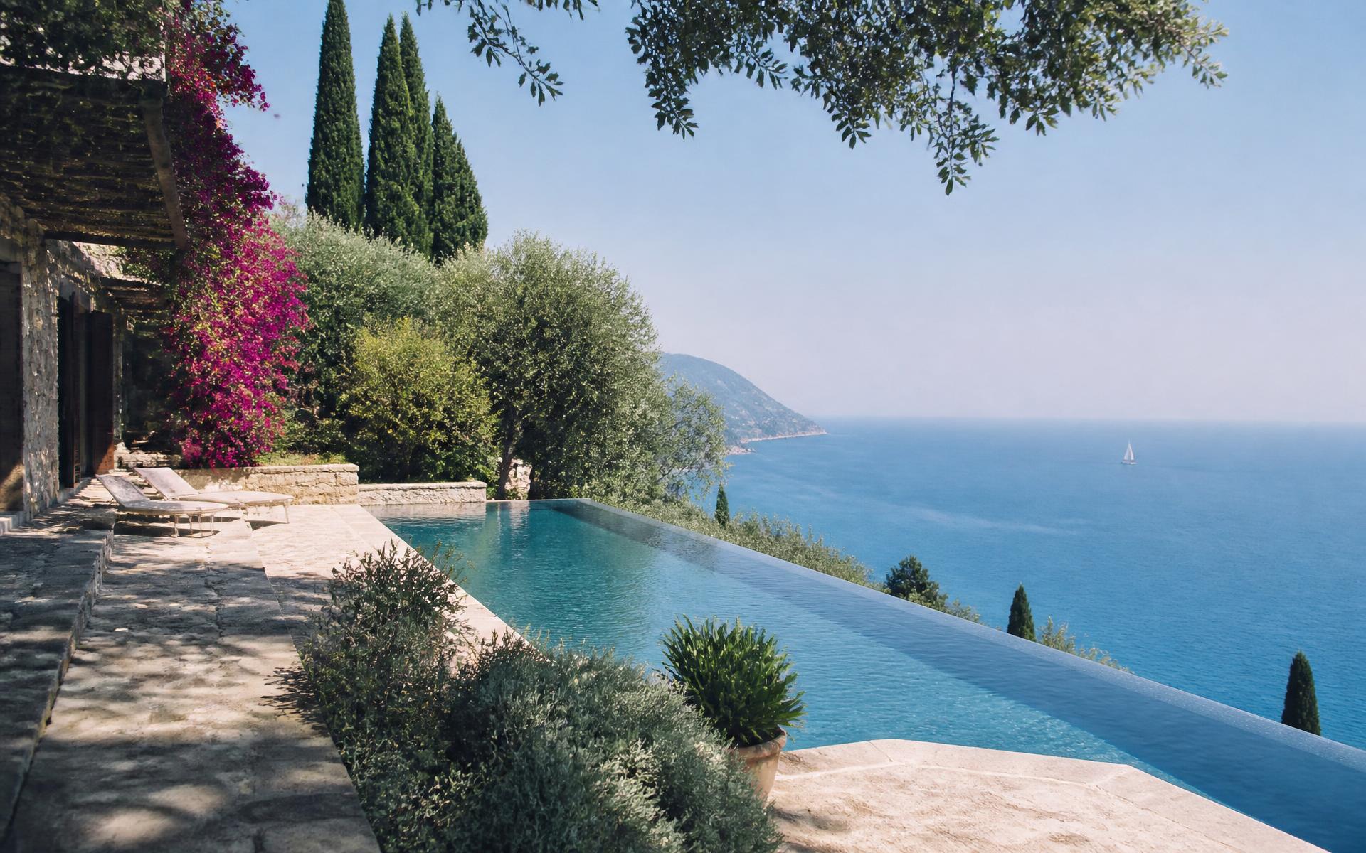 An infinity pool on the stone terrace of a private Mediterranean residence above a blue bay
