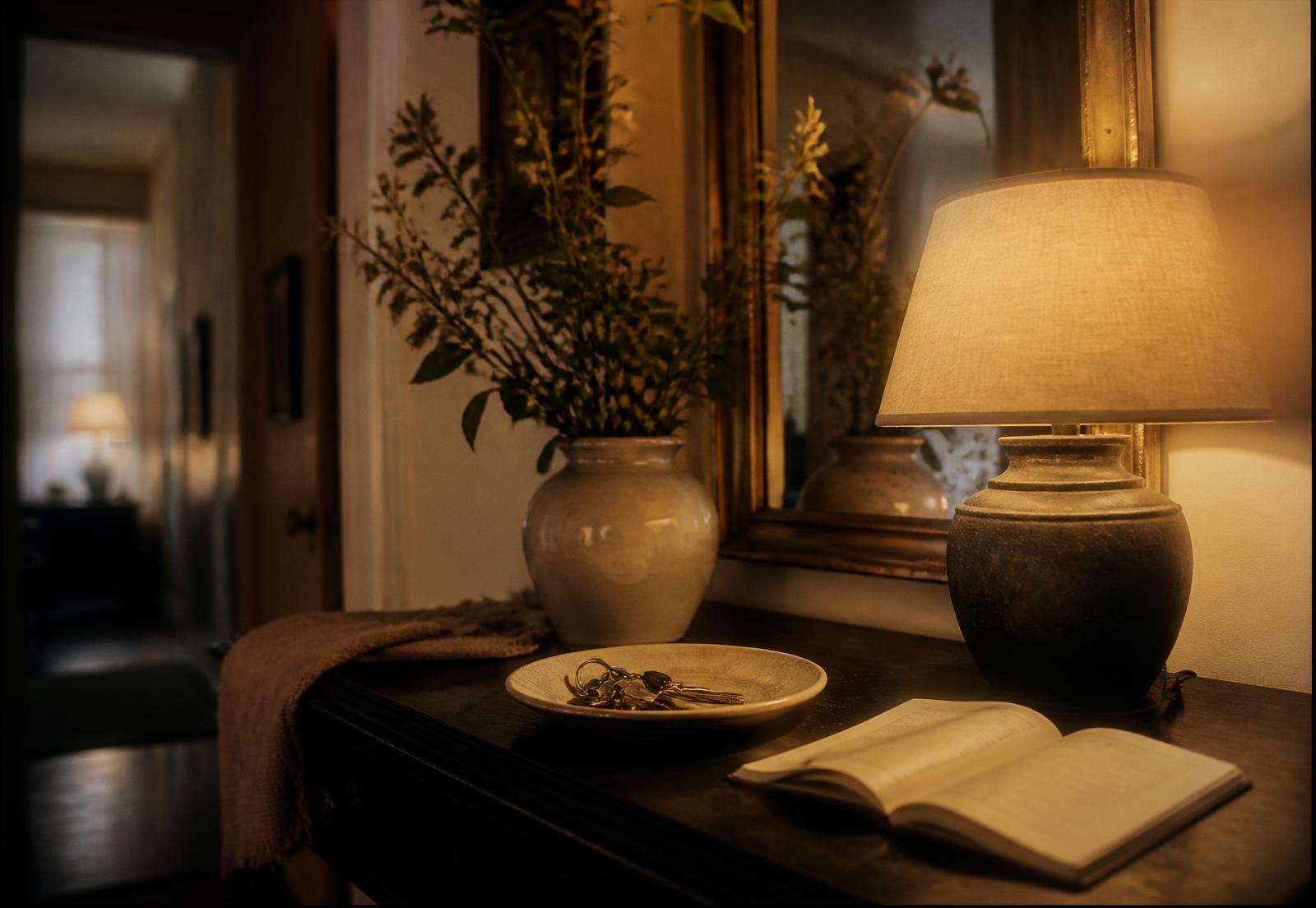 A hallway console at dusk with house keys, a linen scarf and an open notebook