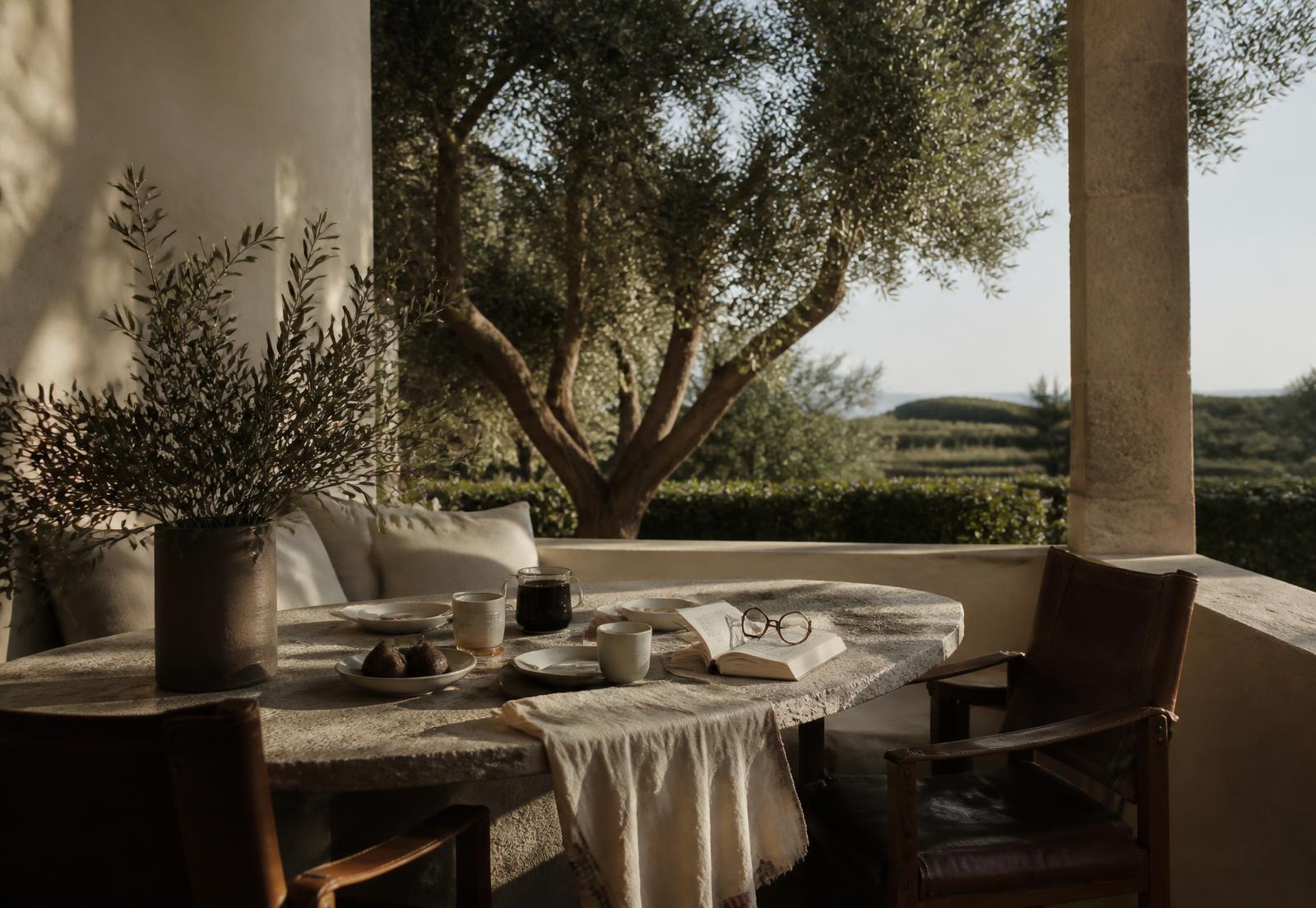 A breakfast table laid on the terrace of a lived-in second residence