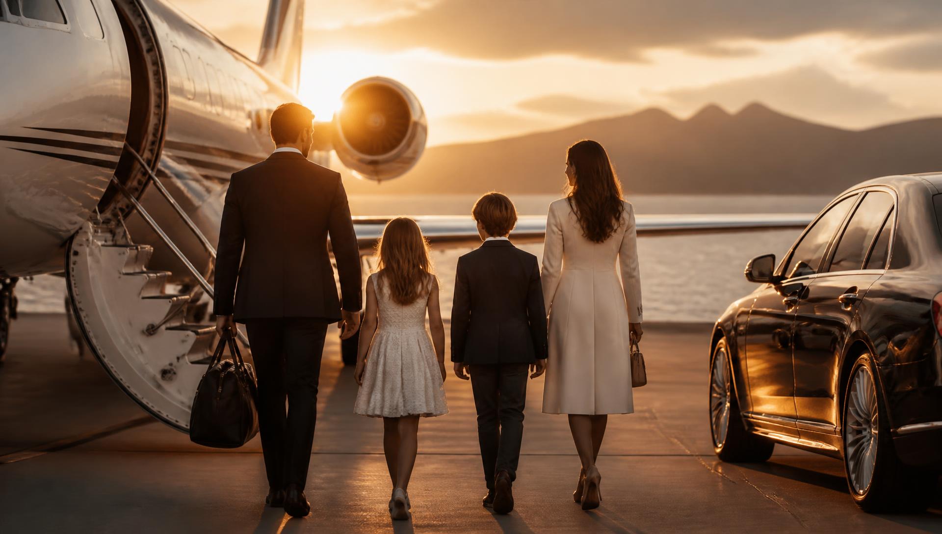 A family boarding a private aircraft at sunset