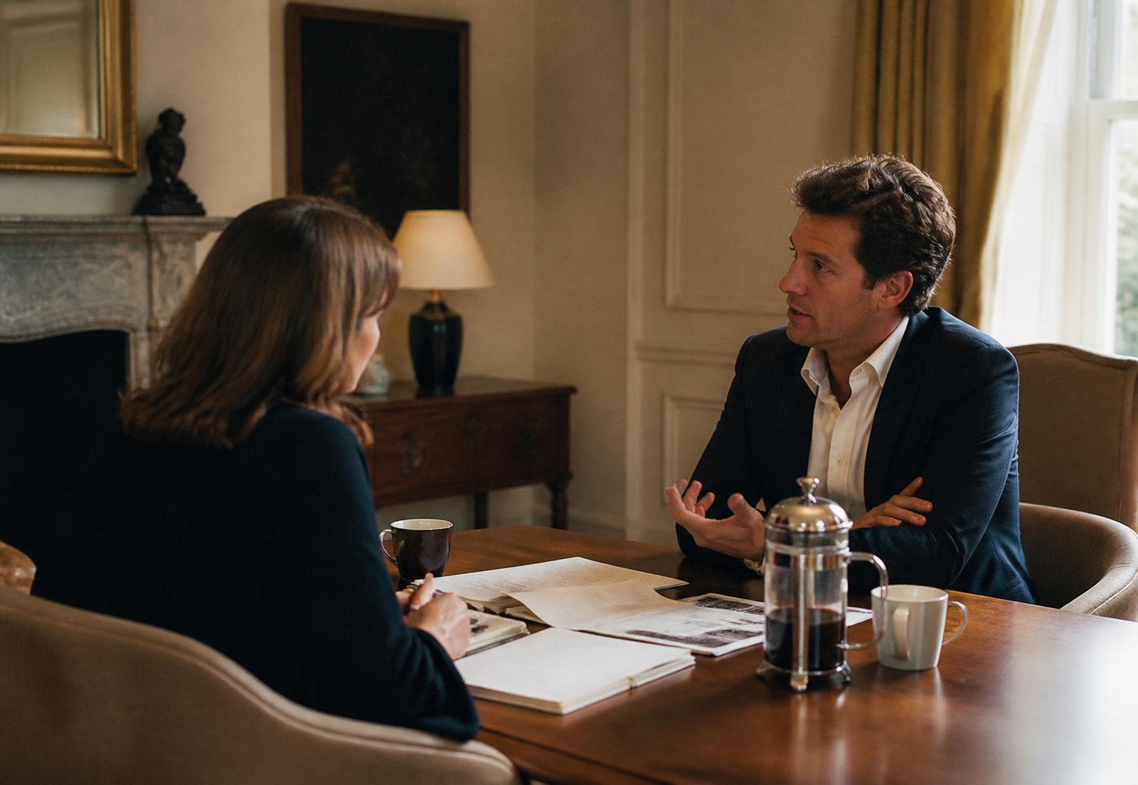 Two adults in unhurried conversation across a table in a private drawing room
