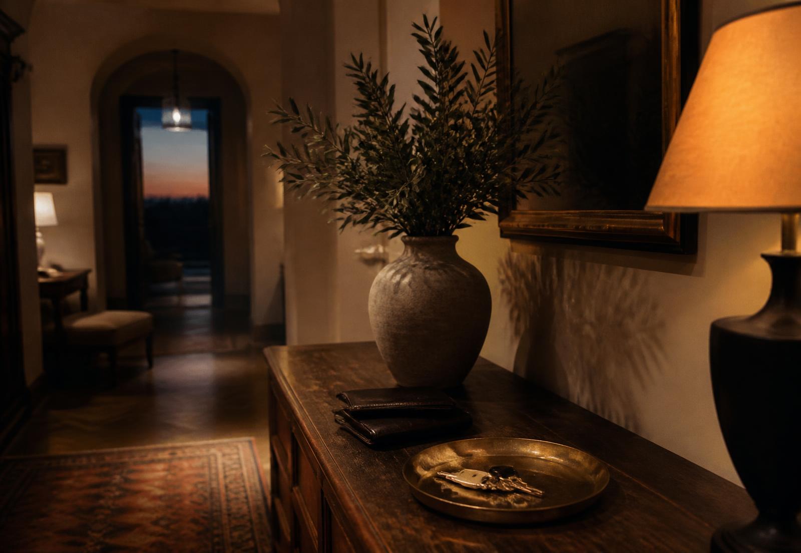 A residence hallway console with keys on a brass tray at dusk