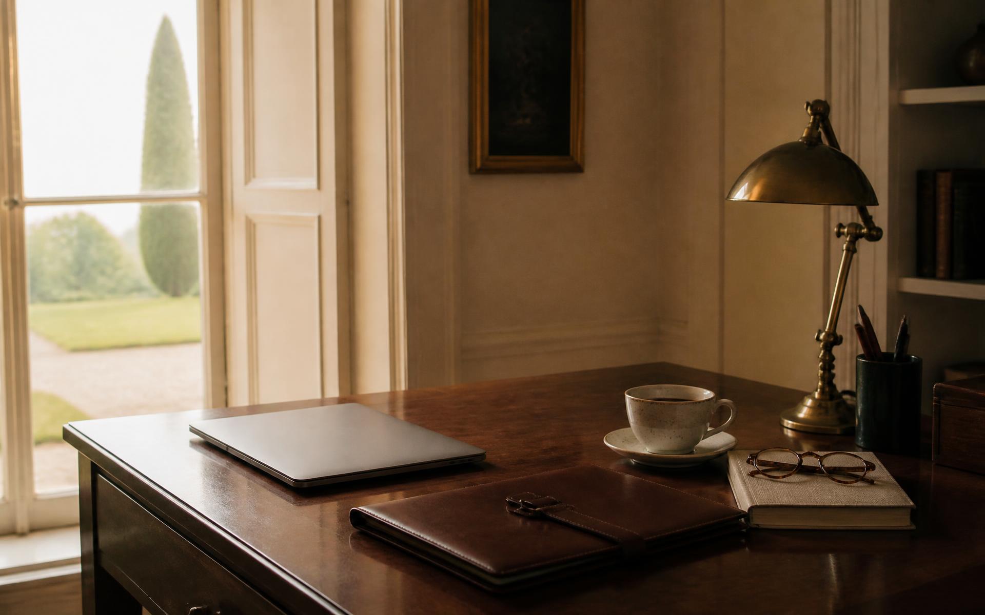 A quiet private study desk in warm morning light