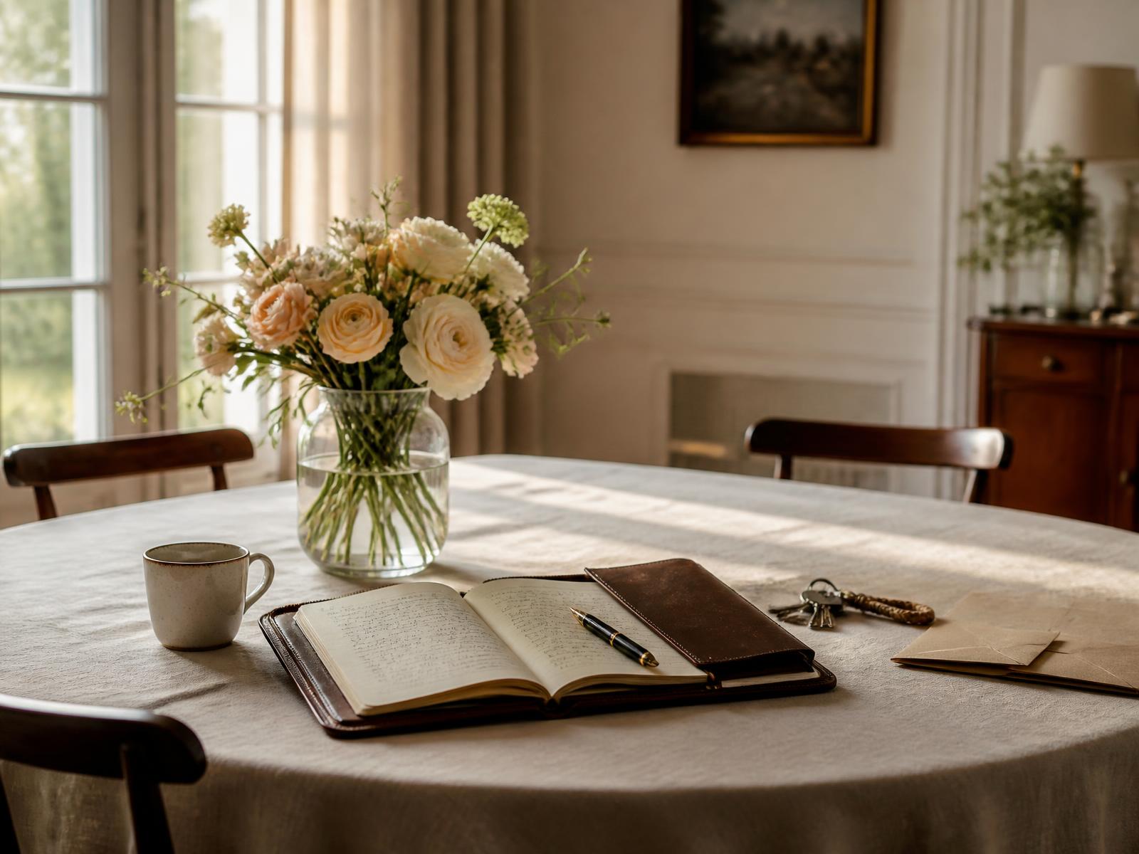 A morning table with flowers, an open leather folio and keys in a family residence