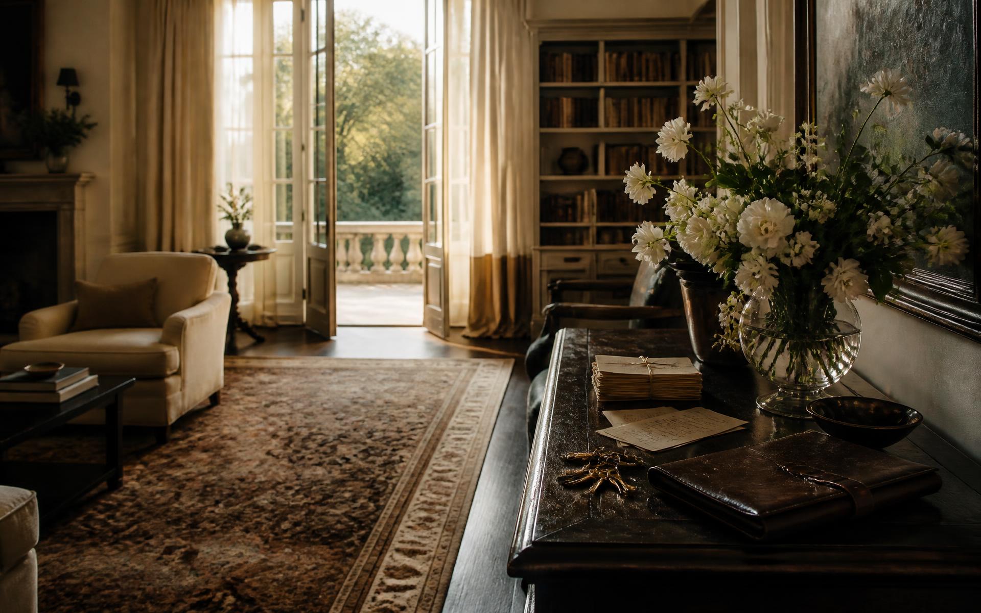 A private residence drawing room in warm morning light, doors open to a terrace