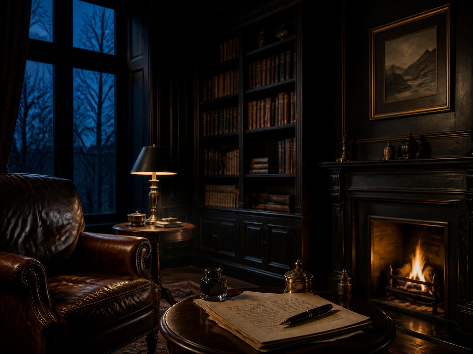 A private residential library at dusk, lit by a single lamp and a low fire