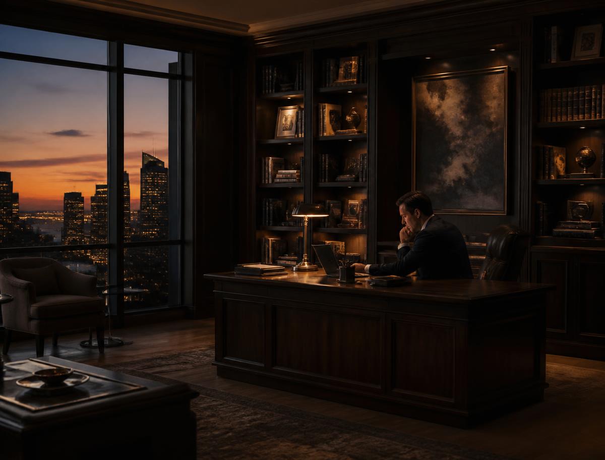 A private office library at dusk