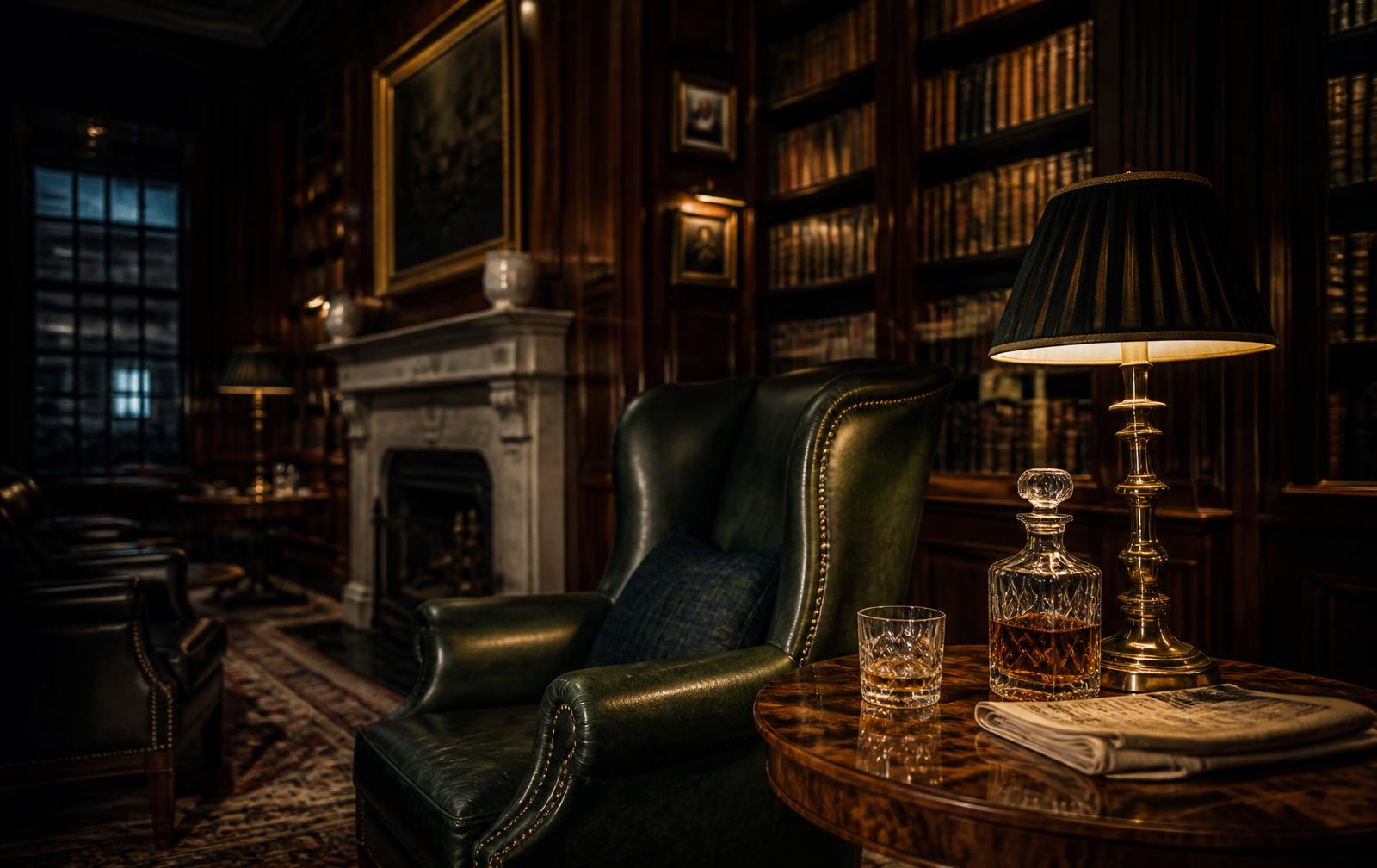 A discreet private advisory library at dusk — leather-bound volumes and a brass reading lamp