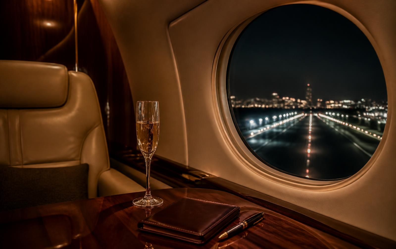 An open travel case, passports and a brass compass on a desk by a window at dusk