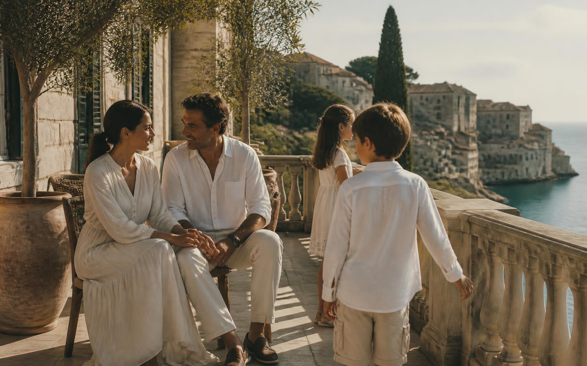 A family together on a sunlit terrace of a European coastal residence